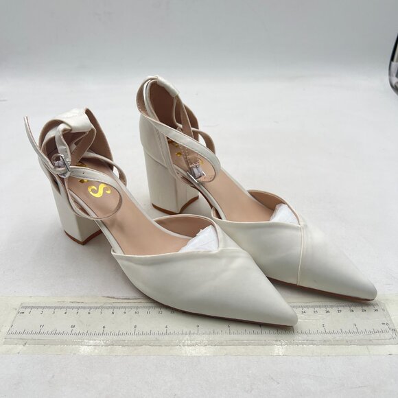 FYS White Pointed Toe Pumps Ankle Strap Chunky Mid Heel D'orsays V Cut Shoes - Picture 5 of 9